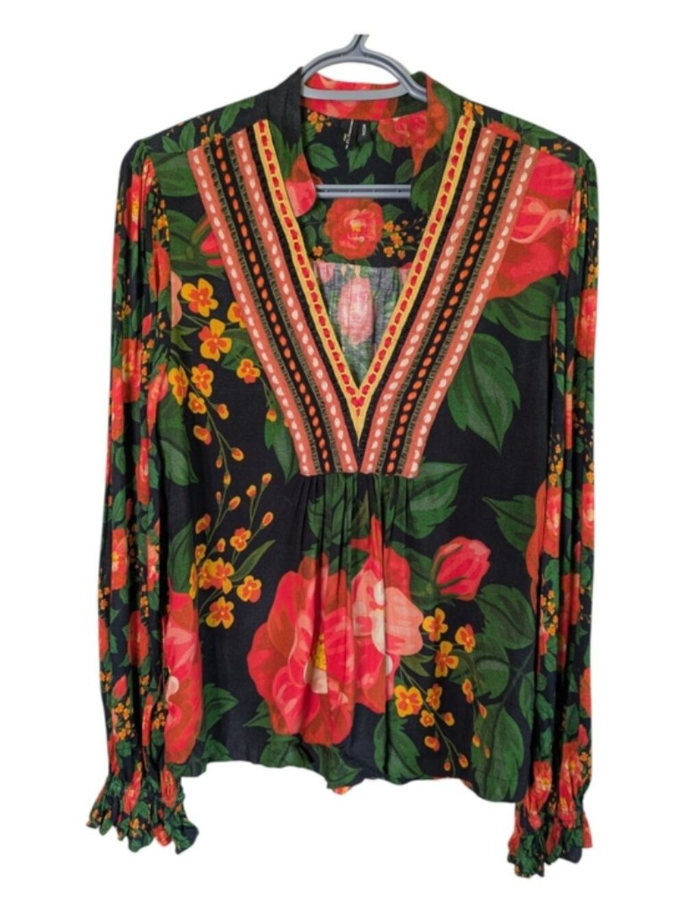 Bl-nk‎ London Stephanie Long-Sleeve Top Black Red Floral Size Medium